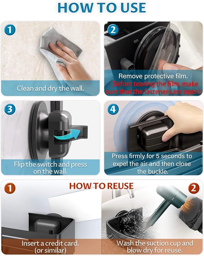 Onemake Shower Caddy Suction Cup, 2 Pack Shower Shelf with Hooks, Black | No-drill Rustproof Aluminum Removable Caddy with Hooks, Wall Mounted Shower Organizer, Corner Shampoo Holder for Bathroom