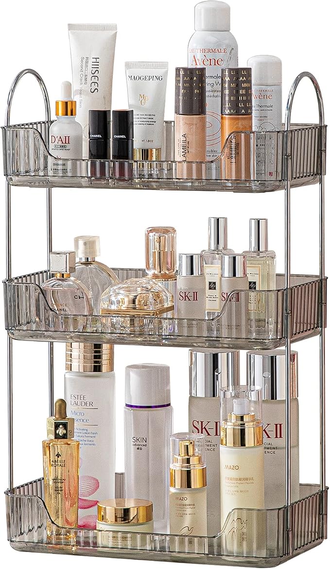 3 Tier Bathroom Counter Organizer Countertop Storage, Cosmetics Skincare Shelf Organizer, Makeup Organizer Perfume for Dresser Vanity Tray, Spice Rack Organizer for Kitchen - Gray