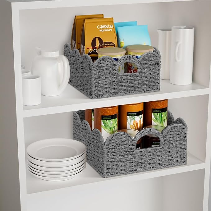 Storage Baskets for Shelves Scalloped Desk Organizer Paper Rope Bin Grey | Set of 2, Natural, Handwoven, Boho Decor, with Built-in Handles