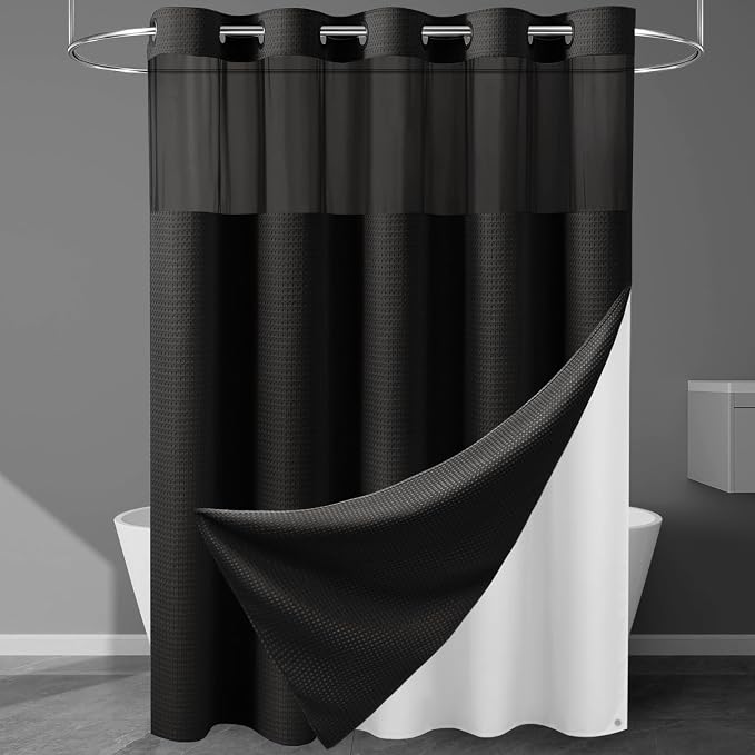 EUTXL Heavyweight No Hook Shower Curtain with Liner, Black,71x77 | Snap in Liner, 256GSM Thick Waffle Fabric, Hotel Luxury Spa, Corner Magnets, Quick Dry, Waterproof & Washable, Long Size