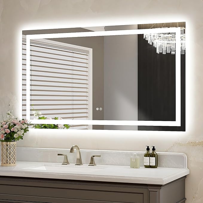 LED Bathroom Mirror 48"x28" Inch Lighted Bathroom Vanity Mirror with Lights, Brighter Frontlit and Backlit Light up Anti Fog Mirror, Tempered Glass, 3-Color Dimmable, Memory Function