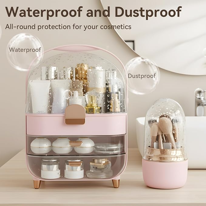 Makeup Organizer for Vanity with Brush Holder, Lid and 2 Drawers, Pink | Large Capacity Bathroom Counter Organizer for Skincare, Cosmetic Storage, Dustproof, Waterproof, Teen Girl Gifts