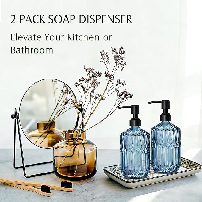 COHOSEGE 17 Oz Blue Glass Kitchen Soap Dispenser for Dish Soap, 2 Pack Bathroom Soap Dispenser Set with Black Rust Proof Pump for Lotion, Hand soap or Body Wash