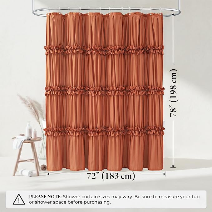 LIPA Boho Shower Curtain Rustic Ruffle Shower Curtain with Ruched & Bow Vintage Farmhouse Shower Curtains for Bathroom Bohemian Bathroom Decor(Orange,72x78 Inches)