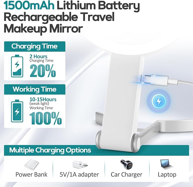 30x/1x Magnifying Travel Mirror with Light, Double-Sided Rechargeable Adjustable Brightness 3 Colour Lighting, Folding, Handheld/Hangable/Tabletop, 3 Ways Using Mirror, White