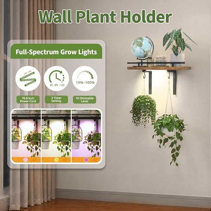 LASZOLA Wall Plant Shelves Floating Hanger Holder with Grow Lights, Brown | Window Stand with Hooks, Metal and Wood, Flower Hanging Display Rack for Indoor Bedroom Living Room Bathroom Kitchen Decor