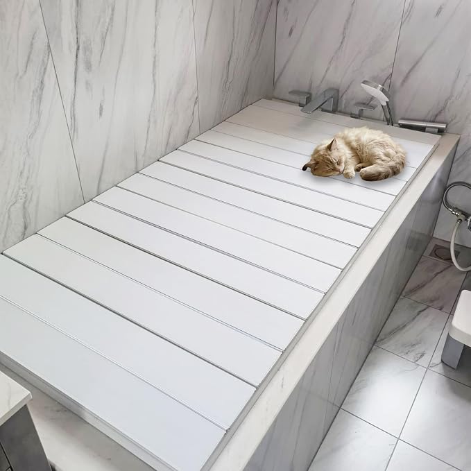 Foldable Bathtub Cover, Bath Tub Tray, Folding Bath Covers (63×31.5×0.3in) | Waterproof Insulation Table Dust Board, PVC Shutter Bath Lid Plate Fits Most Tubs for Bathroom Shower (White)