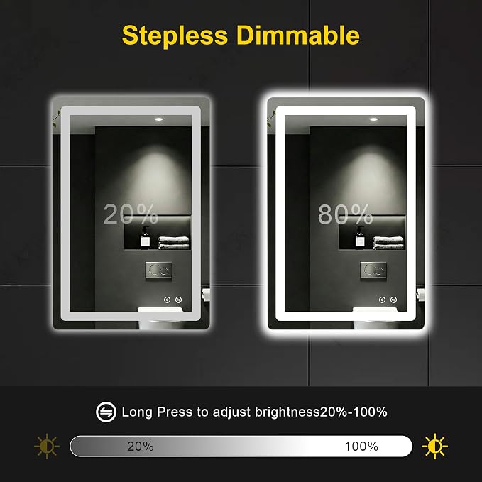 LED Bathroom Mirror with Lights, 20"x30" Lighted Vanity Mirror for Wall | Anti-Fog, Dimmable 3 Color Light, Backlit+Frontlit, Shatterproof Tempered Glass, Memory Function