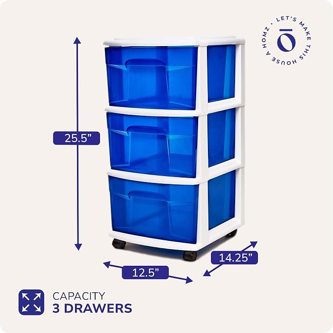 HOMZ Drawer Tower, 3-Tier Storage Cart with Removable Wheels, White Frame | Wide Plastic Organizer with Clear Bin Drawers for Bedroom, Bathroom, Home Office, and Dorm Rooms
