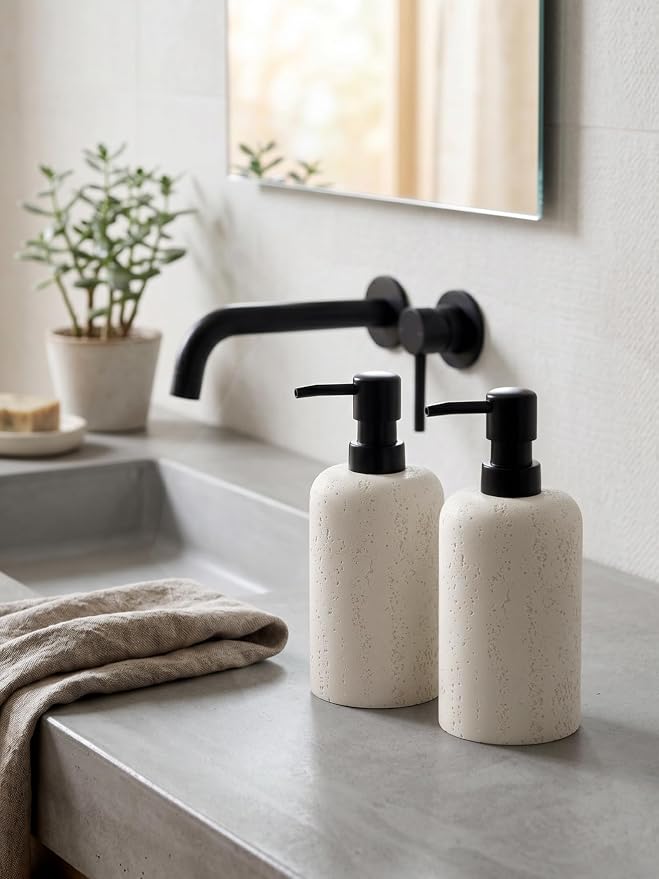 2 PCS Hand Soap Dispenser Set,13.53 OZ,Ivory,Faux Travertine | Luxurious,Refillable,Dish Soap,Lotion Shampoo and Conditioner Soap Dispenser, Rustproof Pump for Bathroom Countertop Kitchen
