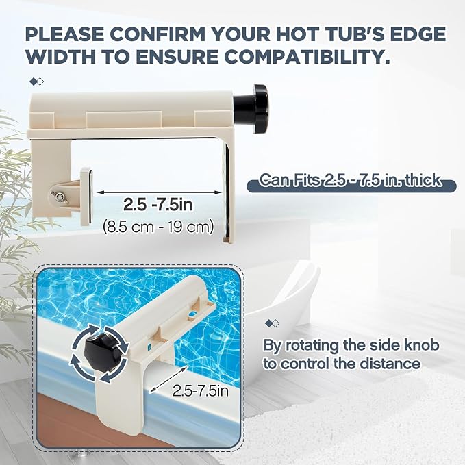 2 Pcs Hot Tub Table Tray, Adjustable Aboveground Bathtub Tray with 2 Cup Holder, Between 2'' to 7.5'' Nonslip Hot Tub Accessories Shelf Drinks Snacks Phone Holder for Spa Bathtub (Ivory White)