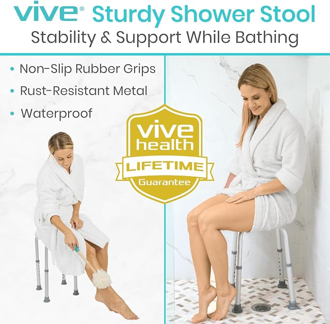 Vive Shower Stool for Inside Bath - Small, Adjustable, Plastic, Round, Non-Slip - Bathtub Seat Chair for Bathroom Safety - Waterproof Medical Universal Tub Bench for Elderly, Senior, Women, Adults | Non-Slip - Bathtub Seat Chair for Bathroom Safety - W...