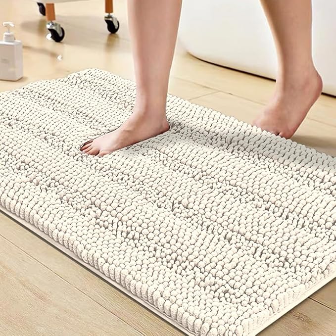 Turquoize Luxury Chenille Bath Rug for Bathroom Rugs Extra Absorbent Bath Mat Non Slip Microfiber Shower Rug for Bathroom Microfiber Shaggy Carpet Rug Size, 20" x 32", Cream