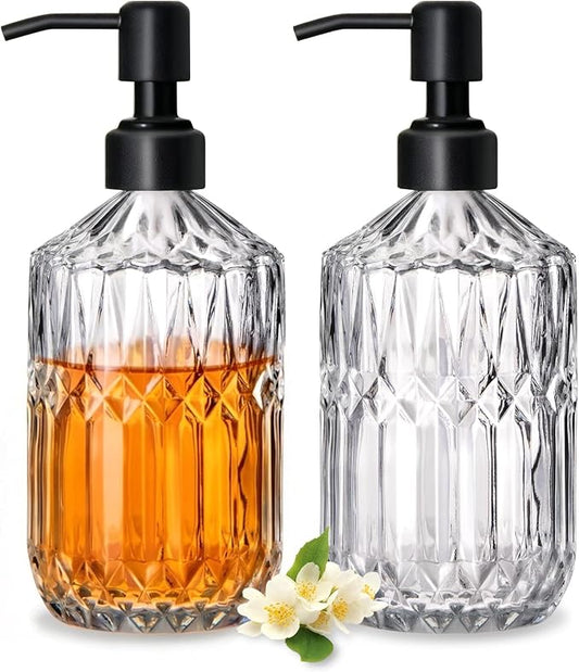 COHOSEGE 17 Oz Clear Glass Kitchen Soap Dispenser for Dish Soap, 2 Pack Bathroom Soap Dispenser Set with Black Rust Proof Pump for Lotion, Hand soap or Body Wash