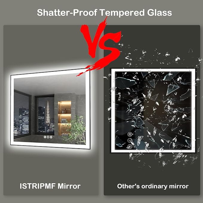 36x36 Inch LED Bathroom Mirror with Black Frame | Black Metal Frame, Front and Backlit, 3 Colors, Dimmable, Memory, Anti Fog, Tempered Glass, Lighted Mirror for Wall