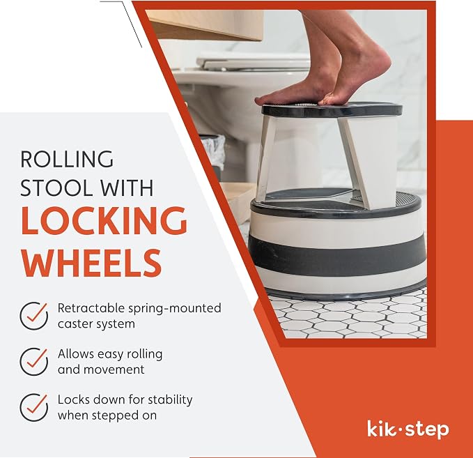 Round Step Stool for Kitchens, Cramer Kik-Step Heavy Duty Rolling Steel Stool, Non-Slip, Holds 350 lbs (White)