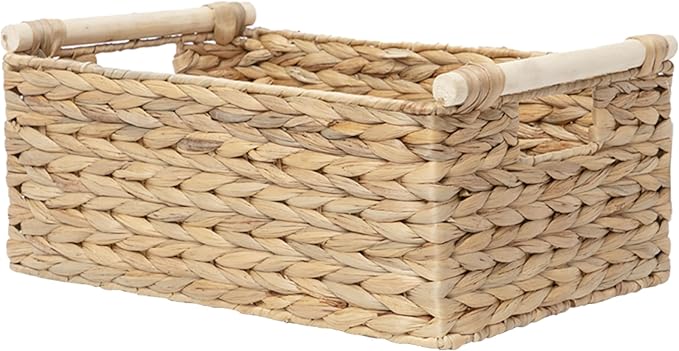 Rectangle Water Hyacinth Wicker Storage Basket Organizer(Large) | Handwoven Shelf basket with Wooden Handles for Pantry & Closet