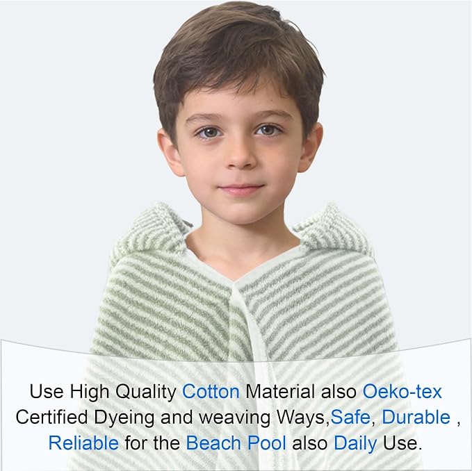 VOOVA & MOVAS Kids Hooded Bath Towel, 6-10 Years, 100% Cotton, Green Stripe | Refined Horizontal Stripes, Thick Plush Fabric, Excellent Water Absorption Performance