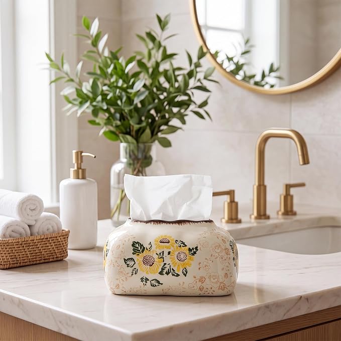 Yalikop Vintage Ceramic Tissue Holder Tissue Box Cover,Sunflower | Floral Retro Rustic Farmhouse Home Decor for Bathroom Vanity Table Living Room Bedroom Kitchen Office