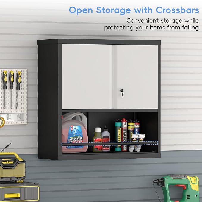 Garage Locking Cabinet, Wall Storage Cabinet with Shelves, Hanging Cabinets with Open Storage, Small Wall Cabinet, Lockable Tool Cabinet for Basement, School, Office