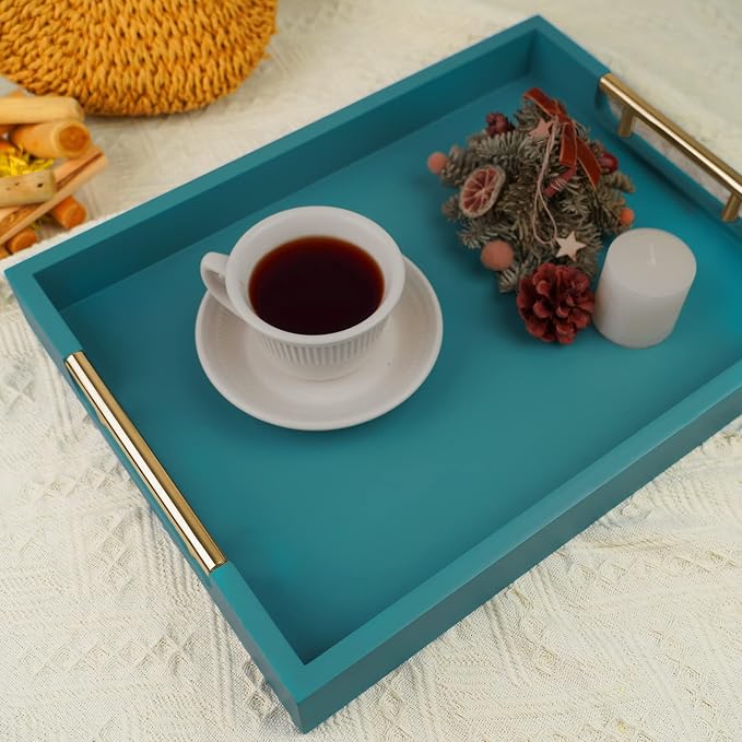 Wooden Decorative Coffee Table Tray, 16" Serving Tray with Handles, Matte Finish Decorative Tray, Ottoman Tray for Living Room, Perfume, Vanity Dresser Organizer (Teal Green)