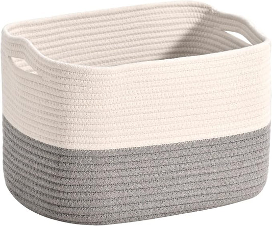 ICERZCZ Woven Cotton Rope Storage Basket for Organizing, Cute Decorative Baskets for Gifts Empty, Organizer Bins for Dog Toy, Baby Laundry, 15“×11”×9.5“, Off White & Grey