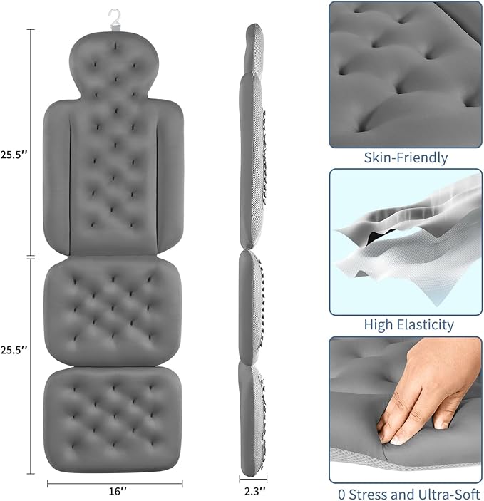 Bath Cushion, Full Body Bathtub Pillow with 160 Suction Cups, Bath Mat for Head and Neck Support, with Laundry Bag (Dark Gray, 56" x 16")