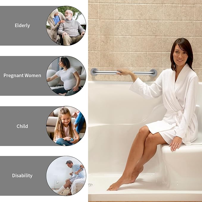 ZUEXT 24 Inch Brushed Nickel Stainless Steel Bathroom Shower Grab Bar | Safety Handrail for Shower Toilet Bathtub, Wall-Mounted, Handicap Grab Rail for Seniors Elderly Disabled, 1.25" Diameter