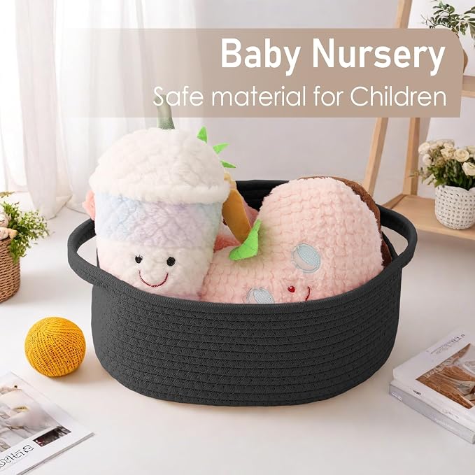 JMvicyroam Small Woven Basket, Empty Gift Basket, Black/2 Pack | Small Gift Basket, Cotton Rope, 12 x 8 x 25 in, Handles, Includes Ribbon and Bag, Birthday Gift Basket
