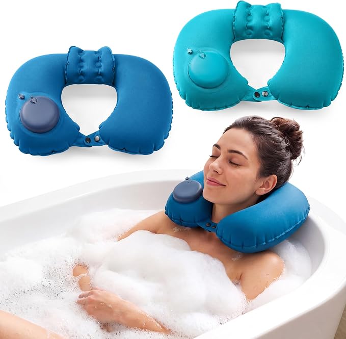 Colingmill 2 Pcs Inflatable Bath Pillows for Tub, U-Shaped Neck & Head Support Cushion, Portable Blow Up Travel Neck Pillow with Adjustable Button for Airplanes & Home Spa(Peacock Blue, Royal Blue)