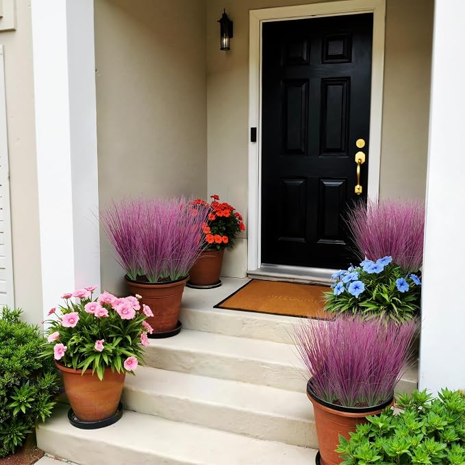 48 Bundles Artificial Grass Plants Outdoor Tall Faux Shrubs Greenery Stems Fake Onion Grasses Wheat UV Resistant for Outside Garden Indoor Office Home Decor（Pink）