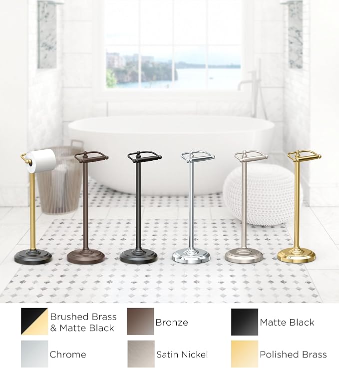 Home Accents Toilet Paper Holder Stand, Brass Finish, Freestanding Bathroom Floor Stand, Weighted Base, 22 Inch
