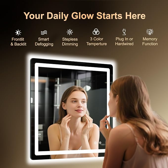 LED Bathroom Mirror, 30"x30" Bathroom Vanity Mirror with Lights | Smart Anti-Fog, Dimmable, 3 Color Modes, Backlit+Front Lit, Memory Function, HD Tempered Glass,Horizontal/Vertical,ETL Listed