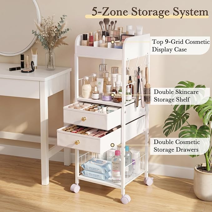 Makeup Organizer Cart with Drawers & 8 Dividers, Rolling Beauty Cart with Hooks for Cosmetics & Skincare, Space Saving Vanity Storage for Bathroom, Bedroom & Small Spaces (White)