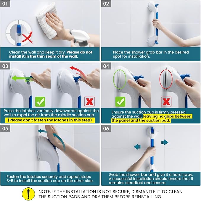 TAILI Grab Bars for Shower,Shower Handles for Elderly Suction,16.8",Blue | Safety for Showers,Bathtubs,Toilet,Elderly&Seniors,Bathroom Grip Bar Heavy Duty Handrails,No Drilling Removable Waterproof,G9
