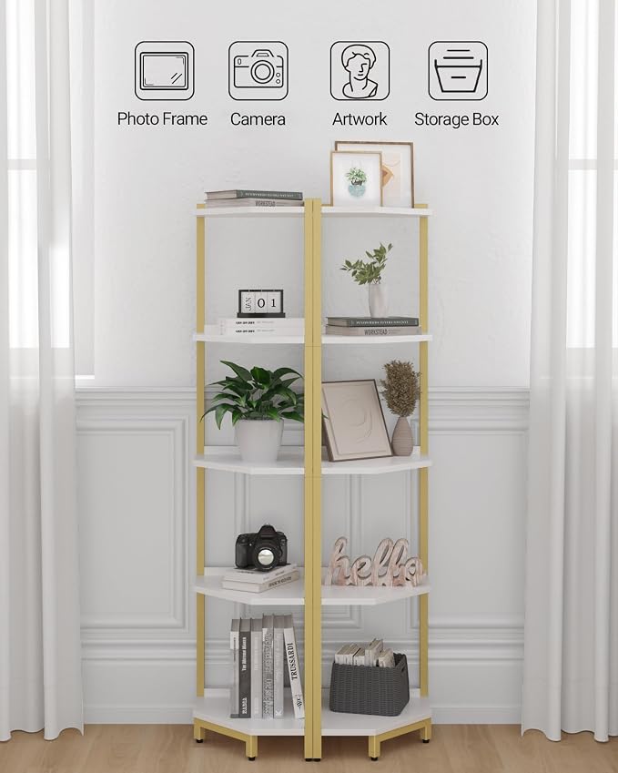 Hzuaneri Corner Shelf Stand 5-Tier Corner Bookshelf Storage Standing Shelf | Bookcase Plant Stand with Metal Frame for Living Room, Home Office, Bedroom, Black CS05903A