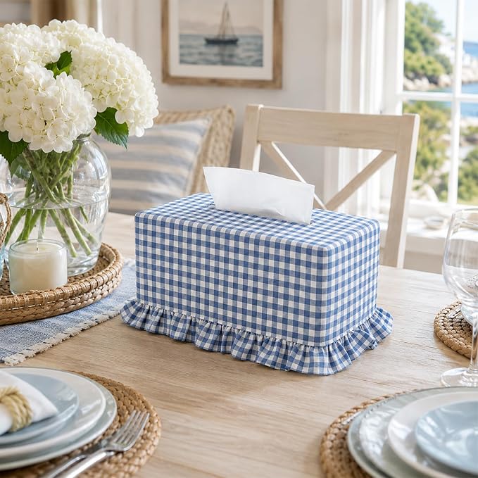 Sawysine Blue Check Plaid Fabric Tissue Box Cover Coastal Beach Style Ruffled Rectangular Napkin Holder Fresh Ocean Household Decor Sleeve for Home Bathroom Living Room Kitchen Indoor Seaside Decor