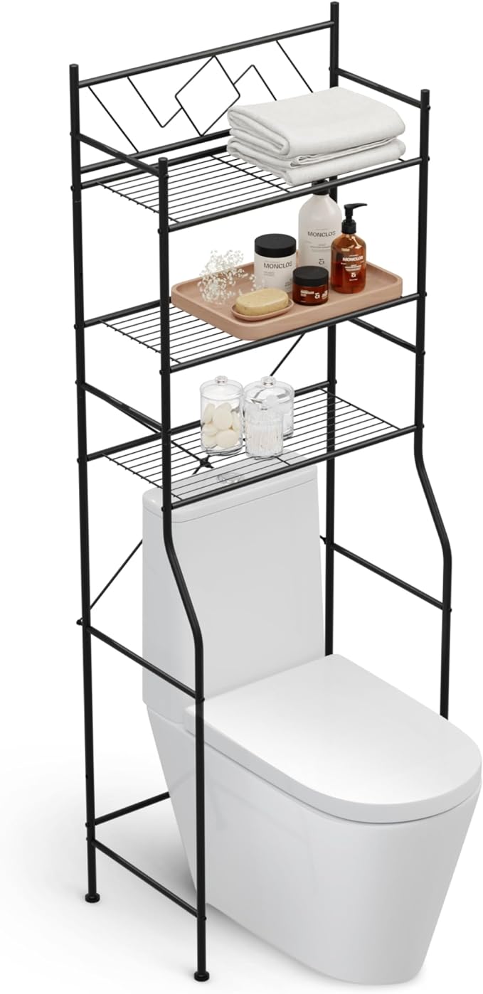 Home Zone Living Over-the-Toilet Bathroom Storage Cabinet Organizer | Freestanding Steel Frame Design with 3-Tier Shelves, Wide Stabilizing Base and Adjustable Feet, Black