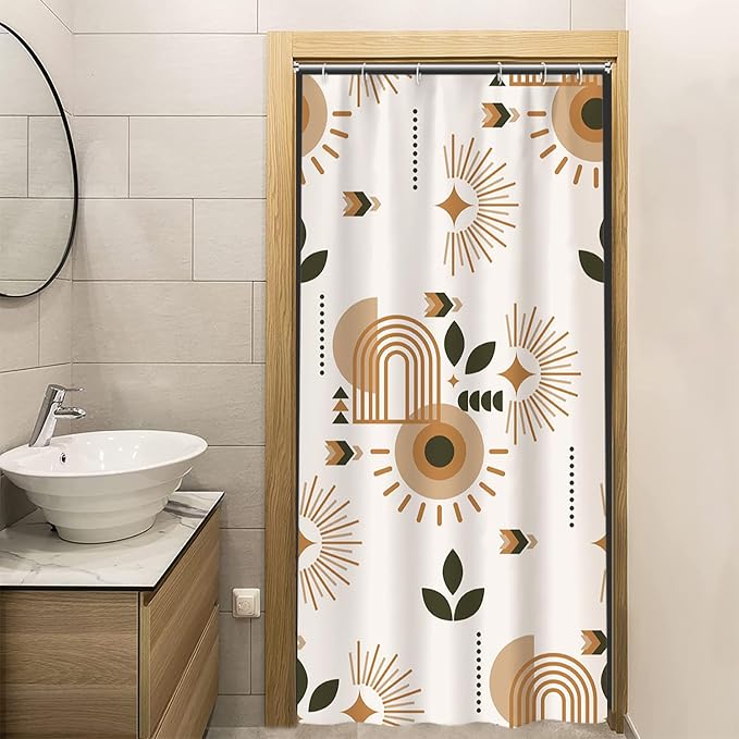 Mid Century Beige Stall Shower Curtain with Hooks 36x72 Inch | Waterproof Small Modern Irregular Geometric Bathroom Curtain for Shower Stall, Machine Washable