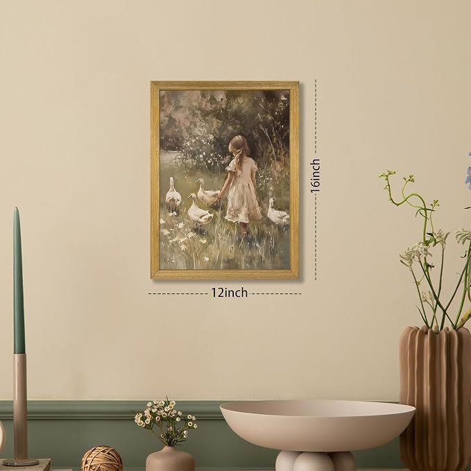 Wood Framed Canvas Wall Art, Vintage Girl with Ducks Painting Poster, Countryside Pastoral Landscape Print Picture, Rustic Farmhouse Wall Decor for Living Room Bedroom Nursery 12x16 inch