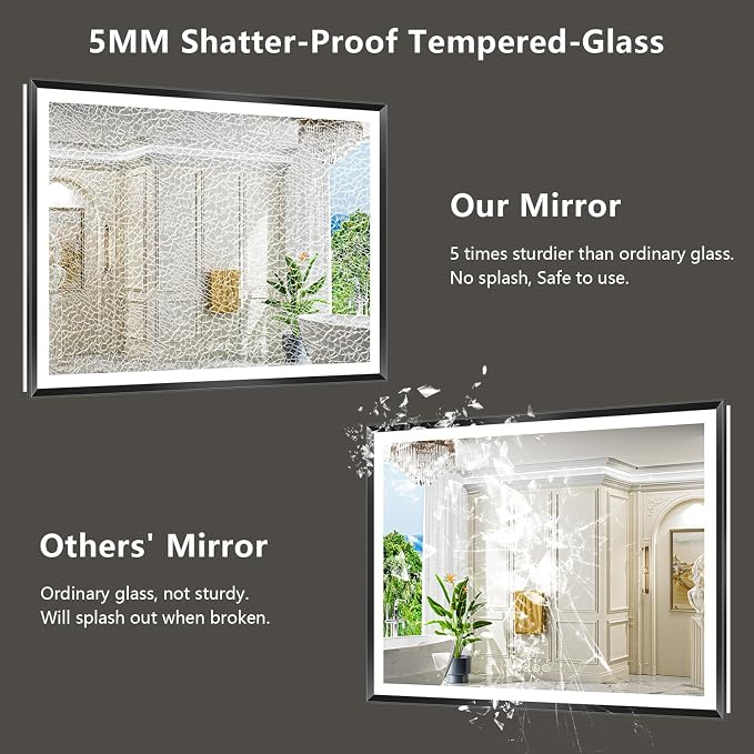 48x36 LED Bathroom Mirror with Lights, Black Lighted Mirror | Backlit and Front light, Anti-Fog, 3 Color Dimmable, Memory, Tempered Glass, IP54 Waterproof, UL Listed