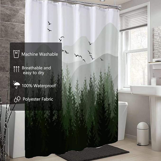 LLSCL Fabric Shower Curtain Liner with Magnets, Green Forest Waterproof Hotel Quality, 72 x 72 Machine Washable