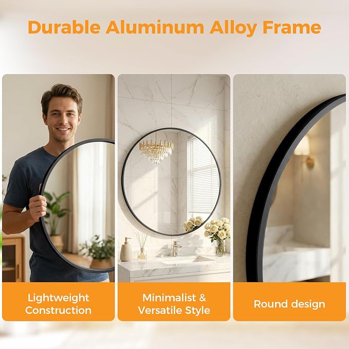 Sweetcrispy Round Bathroom Mirror for Over Sink, 36 Inch Wall Vanity Mirror | Matte Metal Frame Over Sink, Entryway Bedroom Decor, Hang Mounted Frame, Black