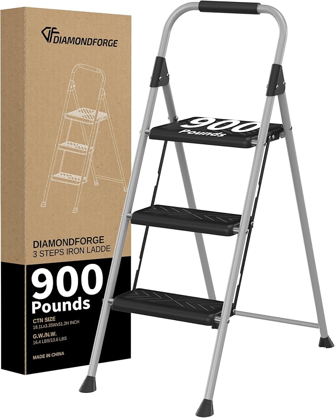 3-Step Ladder Folding Step Stool with Anti-Slip Wide Pedal & Soft Handle, Heavy Duty Steel Construction, 900 lbs Capacity for Home & Office, Grey