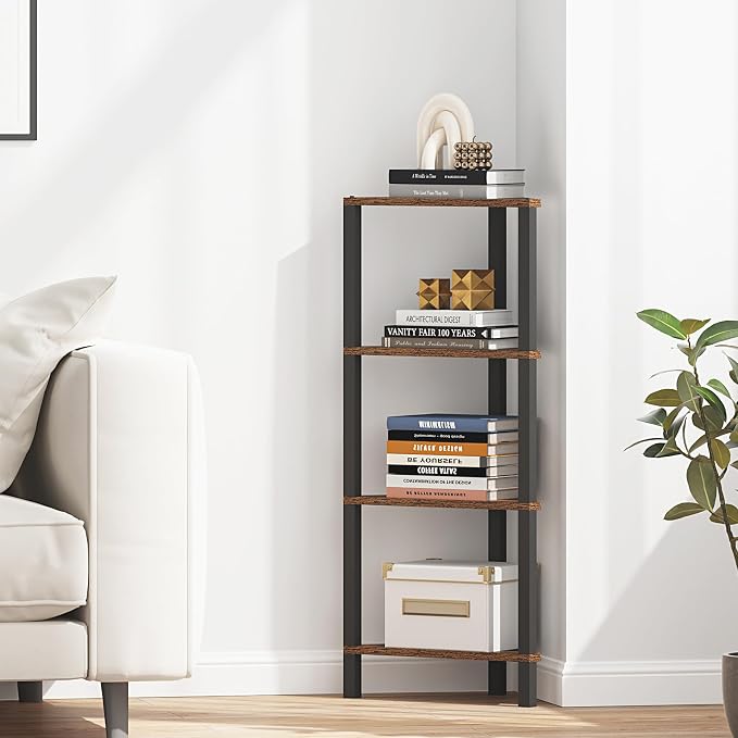 TUTOTAK Corner Shelf, 4-Tier Corner Bookshelf for Small Space | Narrow Display Corner Shelf Stand with Storage Rack, for Living Room, Bedroom, Rustic Brown BS05BB004