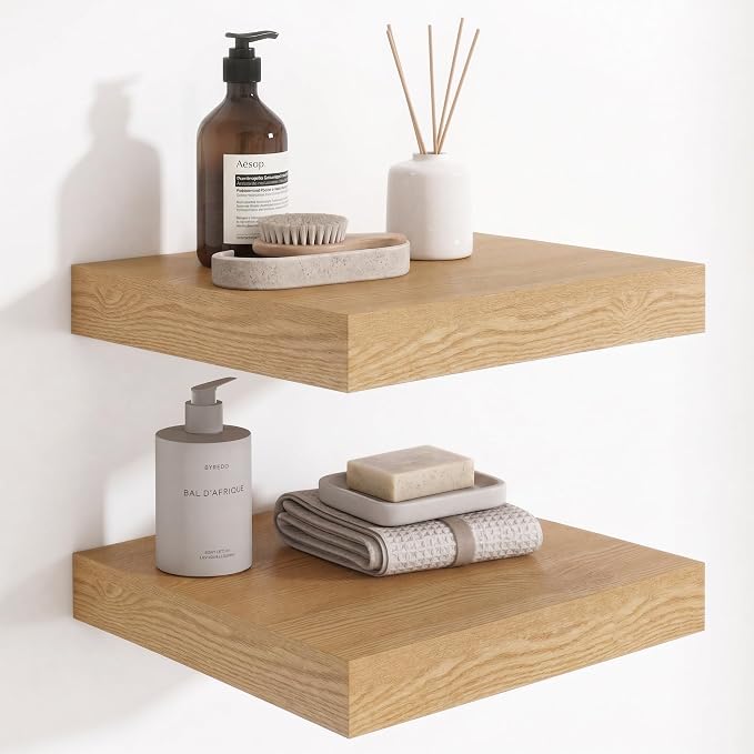 Deep Floating Shelves for Wall, 12 Inch Wide Small Wall Shelves Set of 2, 2 Inch Thick Invisible Wall Mounted Shelves for Bathroom Bedroom Nursery,Oak Color