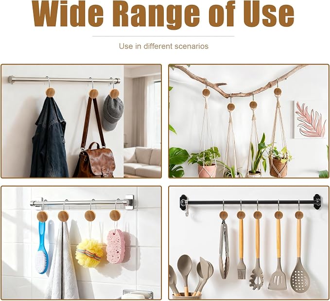 Shower Curtain Hooks, Wood Decorative Shower Curtain Rings, Modern Round Log Shower Curtain Hangers, 12PCS Shower Hooks for Shower Curtain Rod, Bedroom, Living Room (Silvery 1)