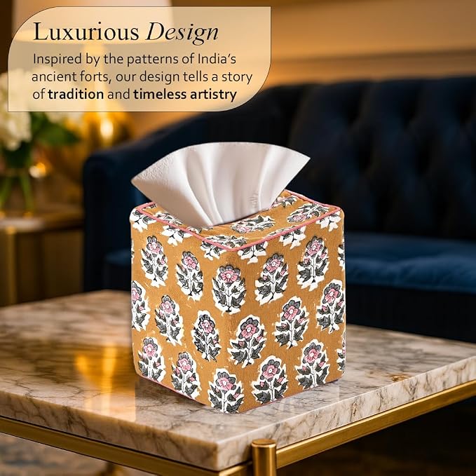 CPC Yellow Citrine Hand Block Printed Cotton Tissue Box Cover 5" x 5" x 5.5" Square Soft Reusable Boho Napkin Holder for Home Kitchen Dining Bathroom Office Cafe Spa, Gift for Spring, Mother's Day