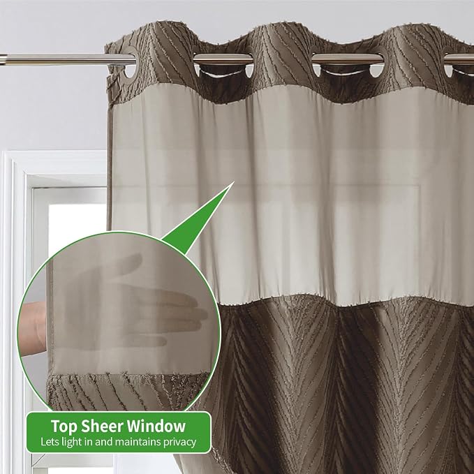 eachope no Hook Shower Curtain and Liner Set，Boho Style with See Through Top Window, Brown Fabric Tufted Striped Textured Outer Curtain & Waterproof Inner Liner, Brown, 71Wx80H