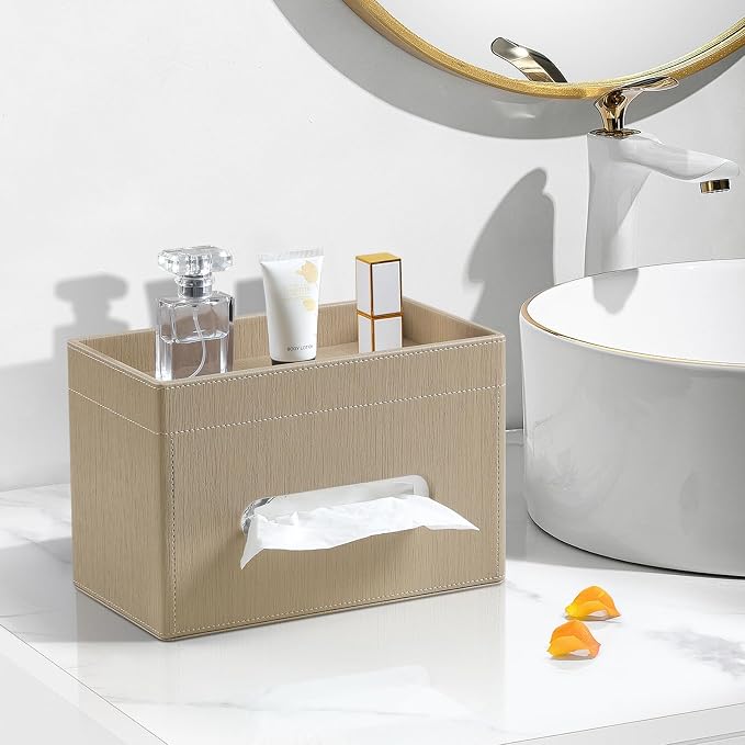 Plus Size Tissue Box Cover, Rectangle Tissue Box Organizer, Wood | Fit 180/230 Count Tissue Boxes, Storage Tray, PU Leather Large Tissue Box Cover, Rectangular Tissue Box Holder for Bathroom